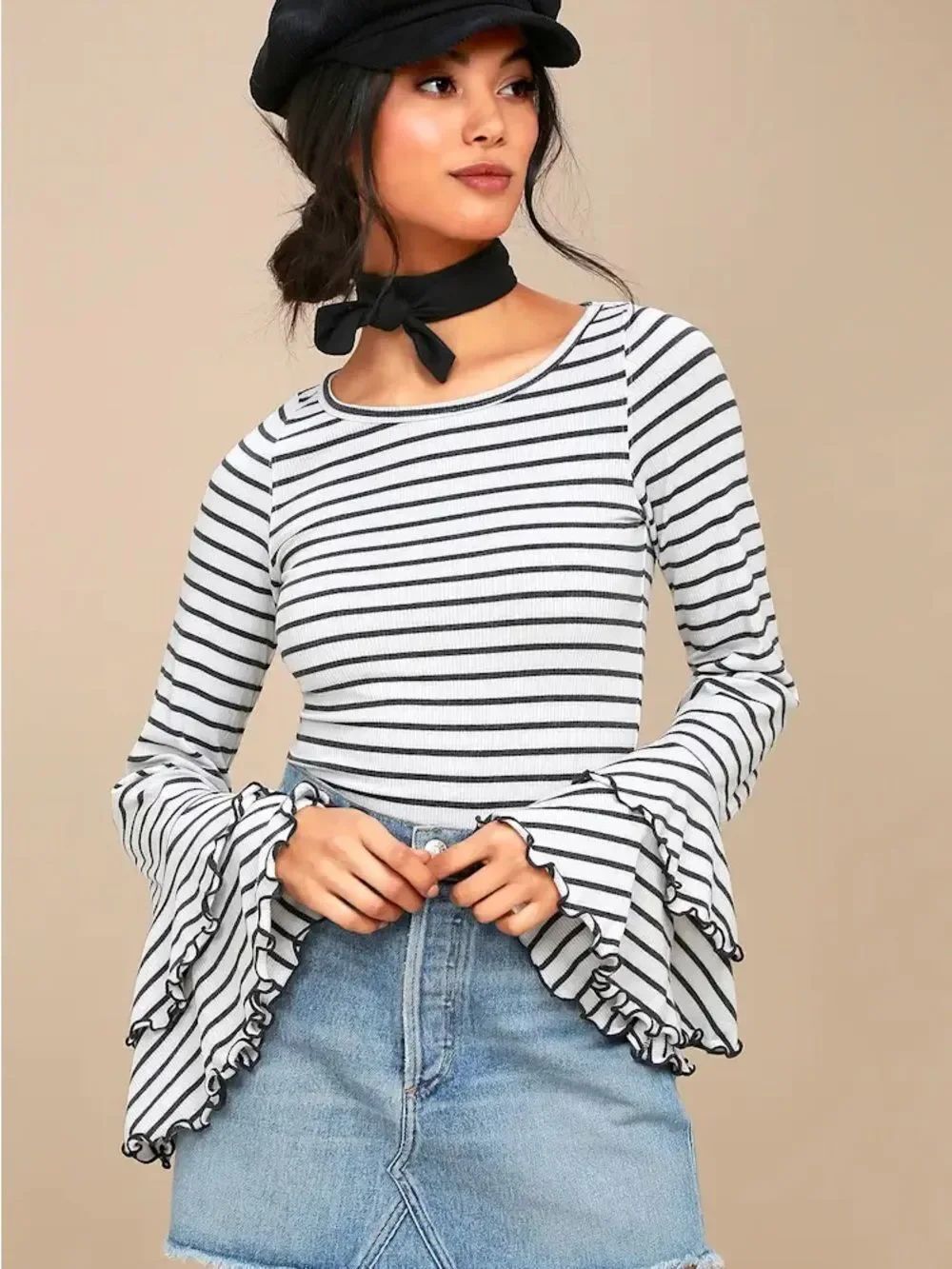 We The Free Good Find Black White Striped Long Bell Sleeve Top Sz S Western Boho